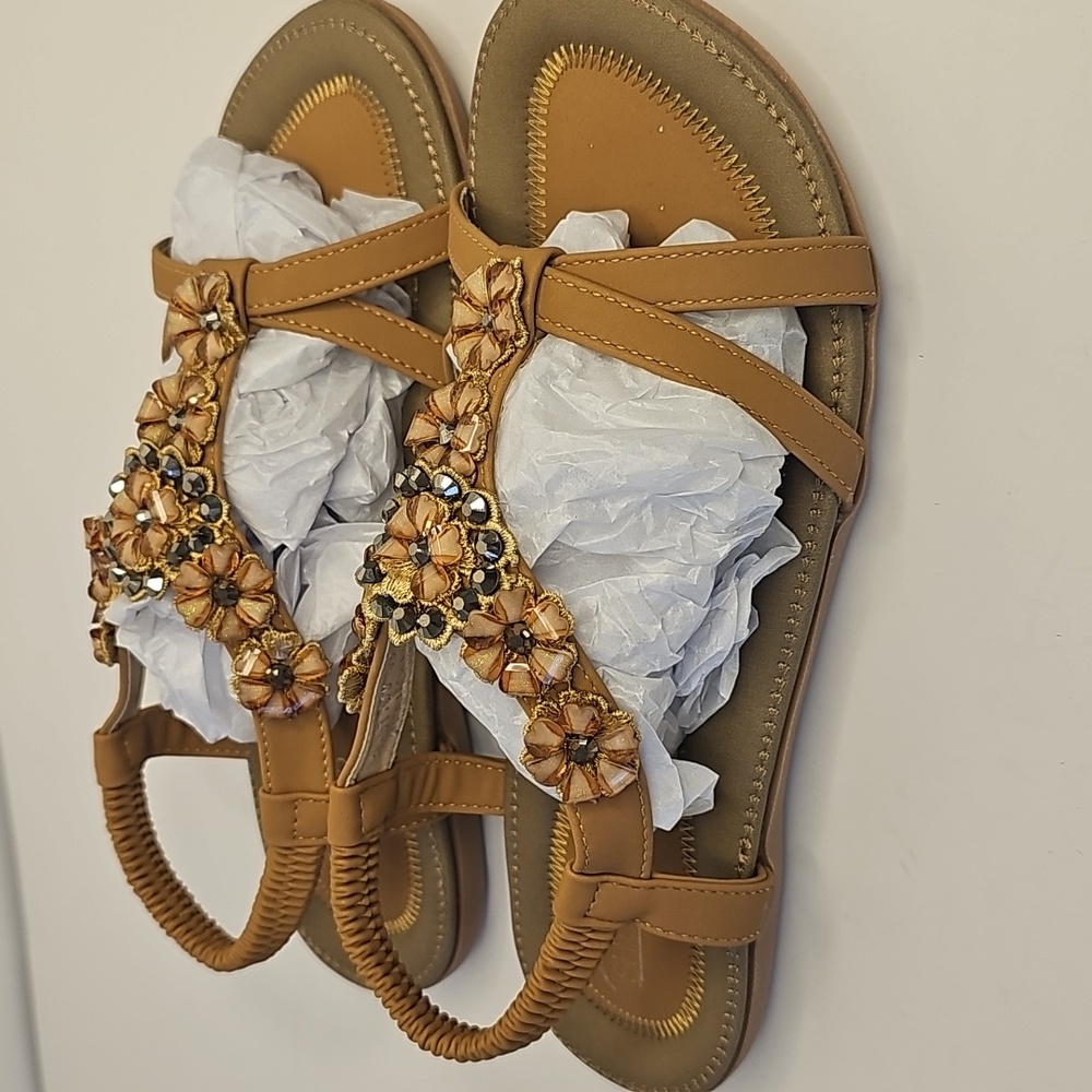 Shibever Elegant Floral Tan Sandals‎ for Women Size 8